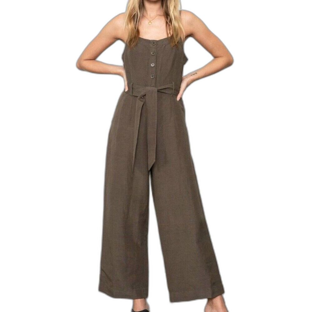 Revamped Olive Green Jumpsuit Strappy Wide Leg Tie Waist Women's Size Large